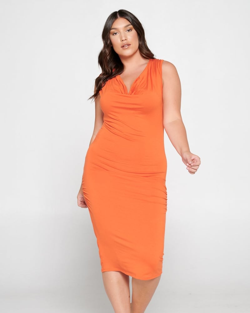 Front of a model wearing a size 1X Kim Cowl Neck Midi Dress in Orange Bright by L I V D. | dia_product_style_image_id:240677